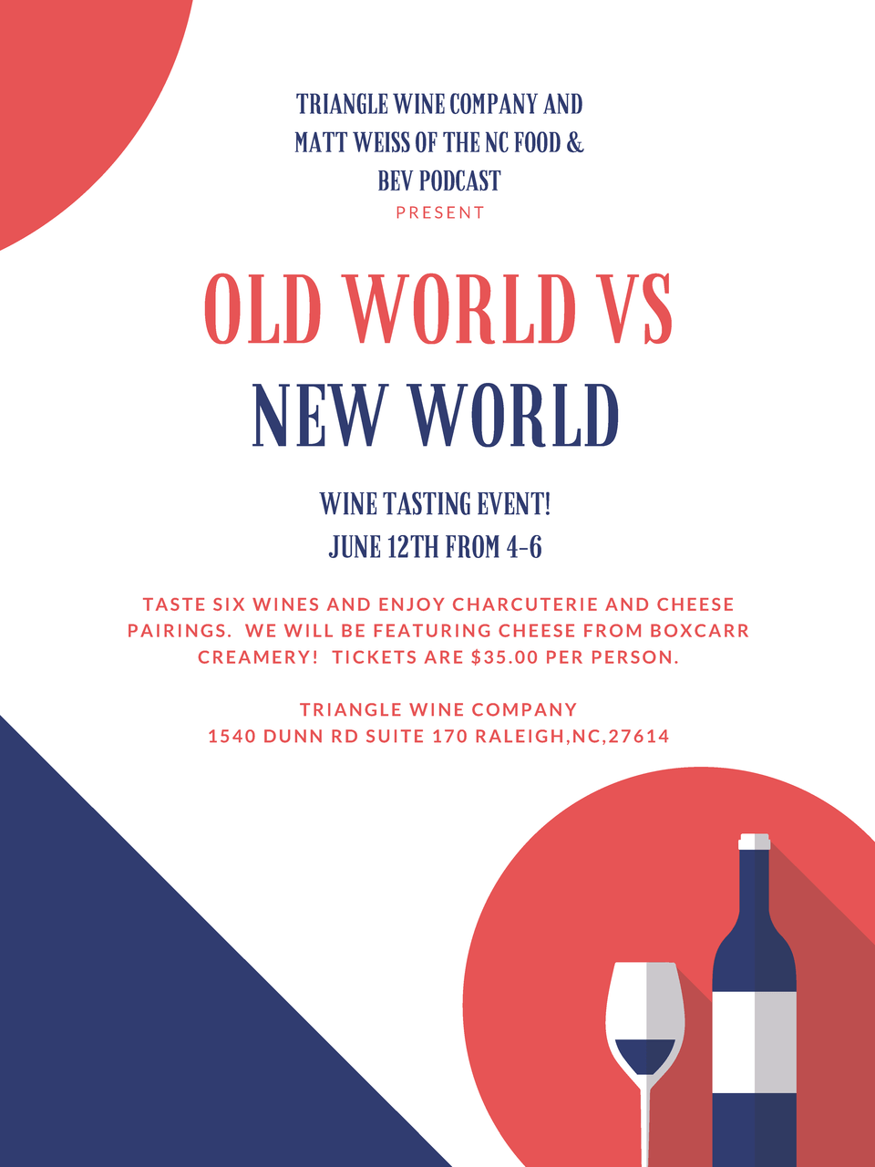 Event Tickets 6/12/21 Old World vs New World with Charcuterie - Raleigh