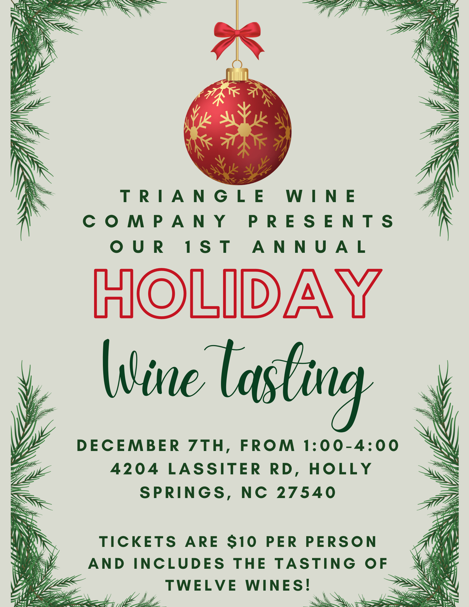 Event Tickets (12/07/24) $10 Holiday Wine Tasting-Cary